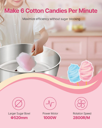 Elektrisk sockervaddsmaskin, 1000W kommersiell sockervaddsmaskin med 52 cm skål i rostfritt stål, sockerskopa och låda, enkel hemmabruk, perfekt för barnfödelsedagar, familjefester, röd