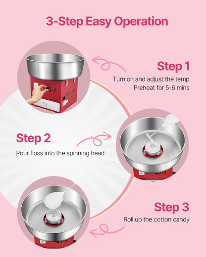 Elektrisk sockervaddsmaskin, 1000W kommersiell sockervaddsmaskin med 52 cm skål i rostfritt stål, sockerskopa och låda, enkel hemmabruk, perfekt för barnfödelsedagar, familjefester, röd