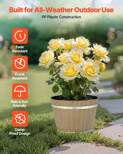 Växtkrukor, 4-pack 300 mm Whiskey Barrel-krukor med dräneringshål, stora utvändiga plastdekorationsblomkrukor med imiterad vinfatdesign för inomhus- och utomhusträdgård, brun