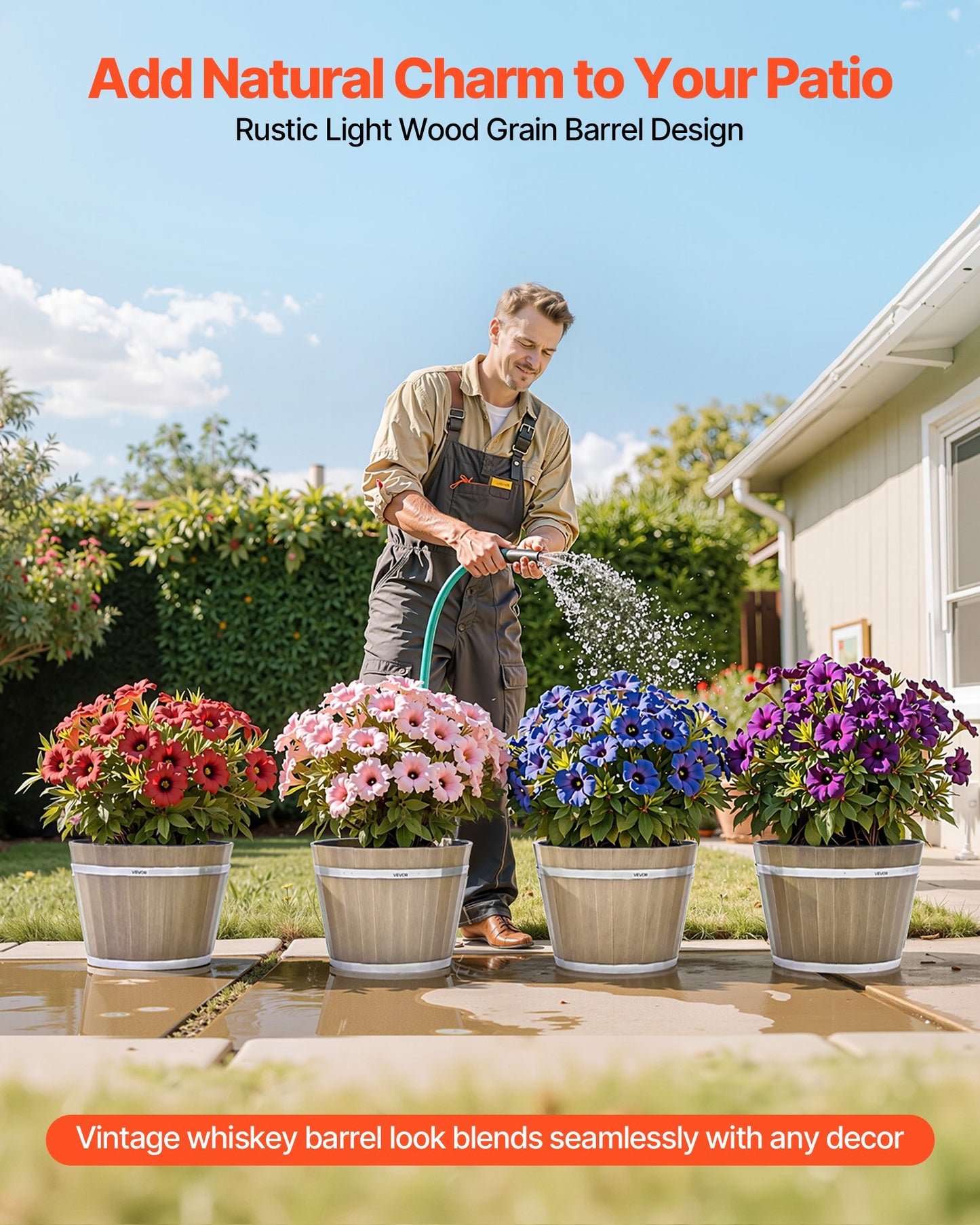 Växtkrukor, 4-pack 300 mm Whiskey Barrel-krukor med dräneringshål, stora utvändiga plastdekorationsblomkrukor med imiterad vinfatdesign för inomhus- och utomhusträdgård, brun