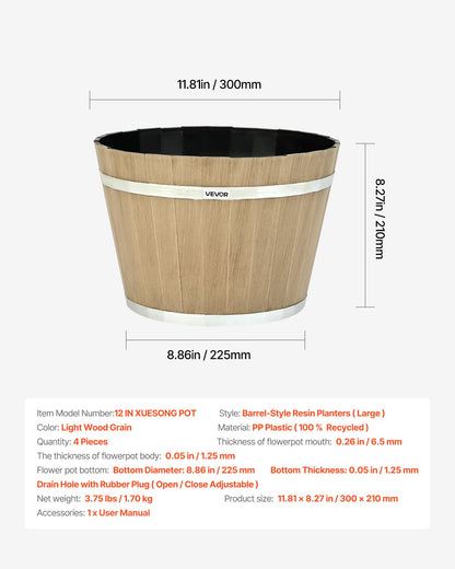 Växtkrukor, 4-pack 300 mm Whiskey Barrel-krukor med dräneringshål, stora utvändiga plastdekorationsblomkrukor med imiterad vinfatdesign för inomhus- och utomhusträdgård, brun
