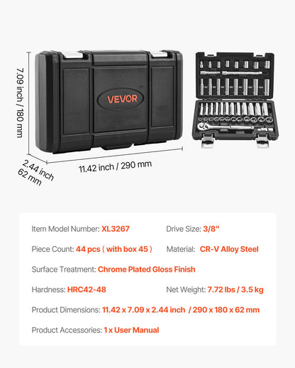 Hylsnyckelsats, 44 delar, 9,5 mm hylsnyckel- och spärrhakesats, SAE och metrisk, djup och grund, mekanisk verktygssats med tillbehör och förvaringsväska, CR-V legerat stål, för bilreparationer