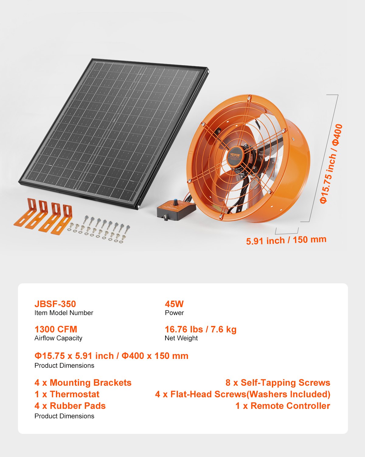 Gavelmonterad fläkt, 14 tums solenergidriven vindsfläkt med justerbar termostat och yttre nät, 1300 CFM husfläkt kyler upp till 1850 kvm, tyst ventilation för tak, garage, butik, svart