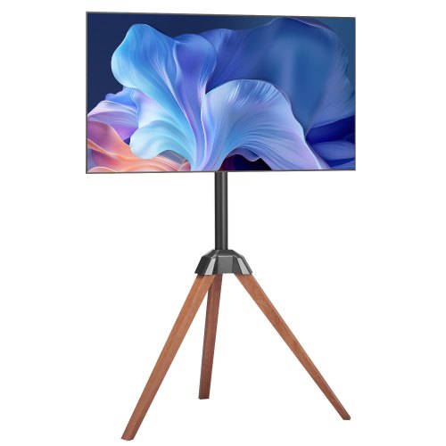 TV-stativ med stativ och staffli, för 40-65 tums platt-TV/böjda TV-apparater upp till 49 kg, 18° vänster-högerrotation, bärbart TV-stativ med ben i ekträ, för sovrum, vardagsrum, studio, MAX VESA 600 x 400 mm