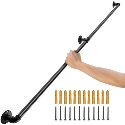 Rörräcke för trappsteg, 213,4 cm trappräcke, 199,6 kg lastkapacitet Ledstång i kolstålsrör, Industriell rörräcke med väggfäste, Runda hörnväggledstänger för inomhus- och utomhusbruk