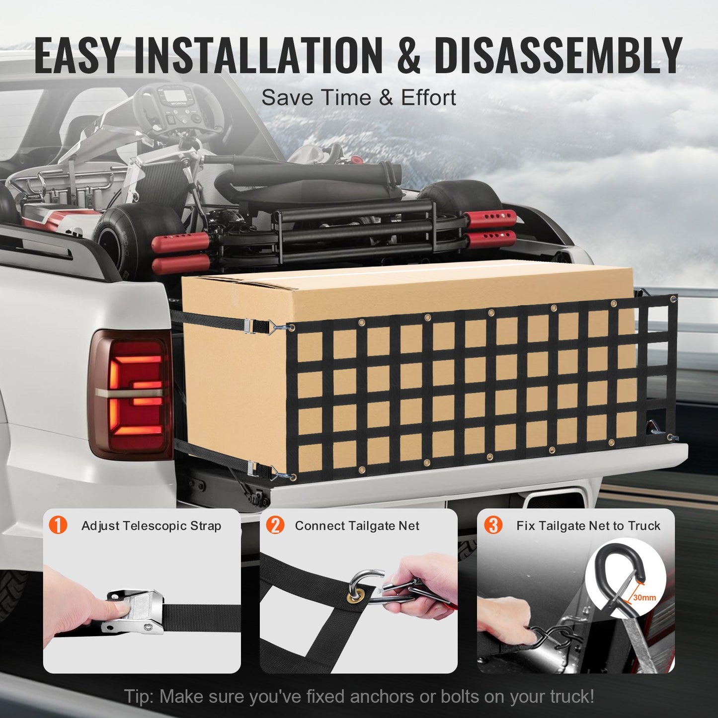 Bakluckenät, 60 x 18 tum, Kraftigt lastnät för lastbilsflak med 4 justerbara teleskopremmar, Utdragbart och hållbart, Flexibel justering, Lämplig för pickup, släpvagn, lastbil, Jeep, SUV