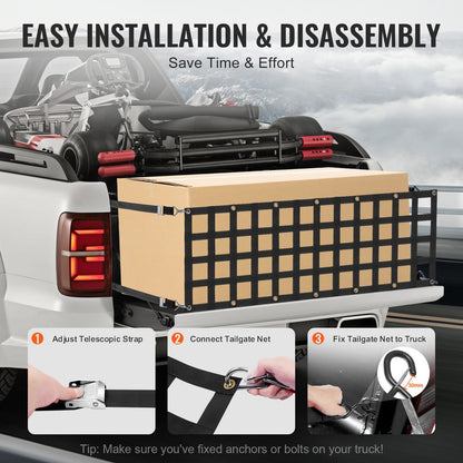 Bakluckenät, 60 x 18 tum, Kraftigt lastnät för lastbilsflak med 4 justerbara teleskopremmar, Utdragbart och hållbart, Flexibel justering, Lämplig för pickup, släpvagn, lastbil, Jeep, SUV