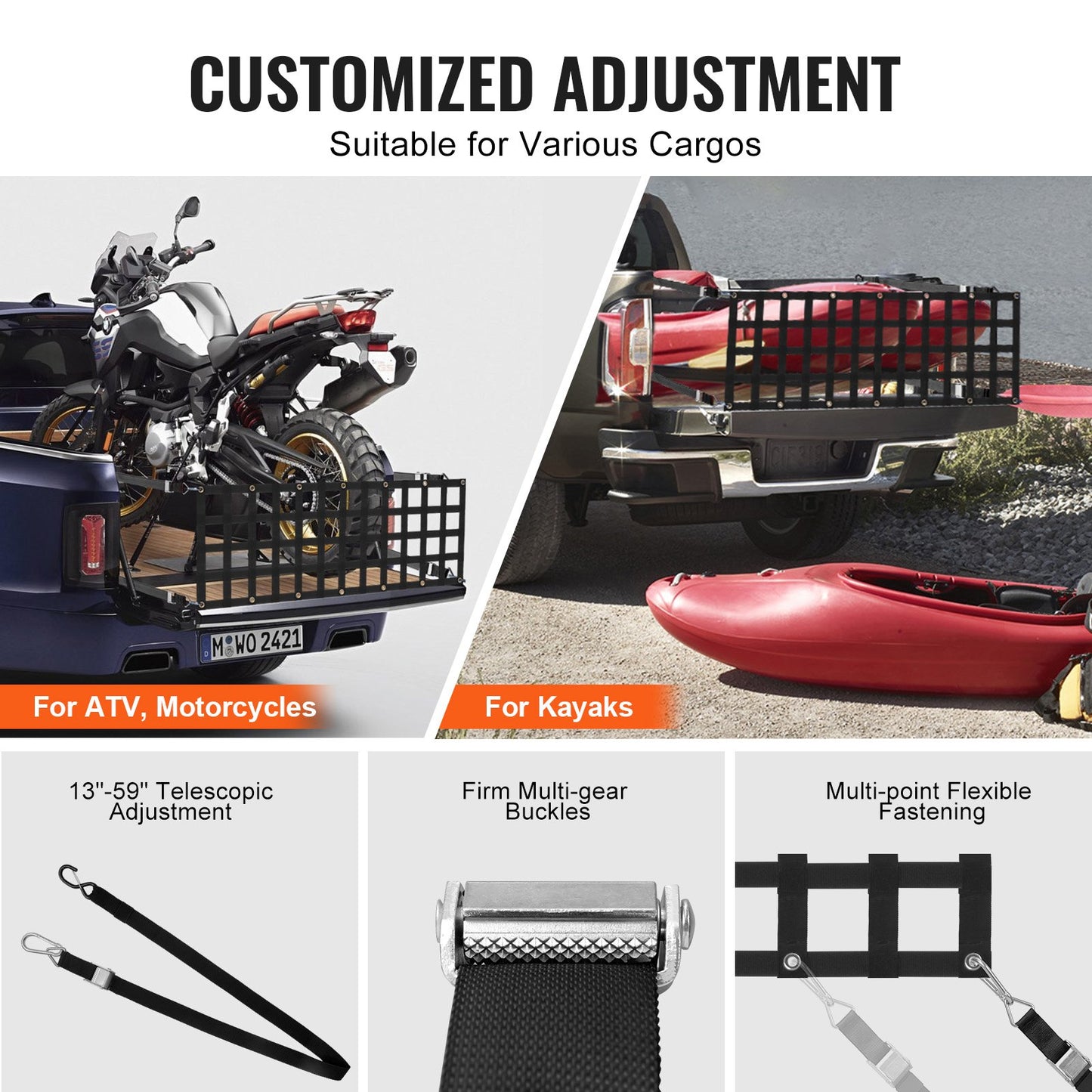 Bakluckenät, 60 x 18 tum, Kraftigt lastnät för lastbilsflak med 4 justerbara teleskopremmar, Utdragbart och hållbart, Flexibel justering, Lämplig för pickup, släpvagn, lastbil, Jeep, SUV