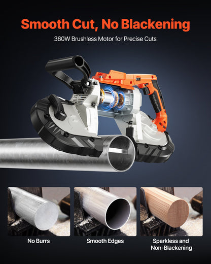 Bärbar bandsåg, 127 mm x 115 mm sågdjup, 360 W bandsåg med borstlös motor, sladdlös och kompakt bärbar bandsåg, upphängningskrokar, 0-120 m/min variabel hastighet för sågning av metall, trä (endast med bara verktyg)