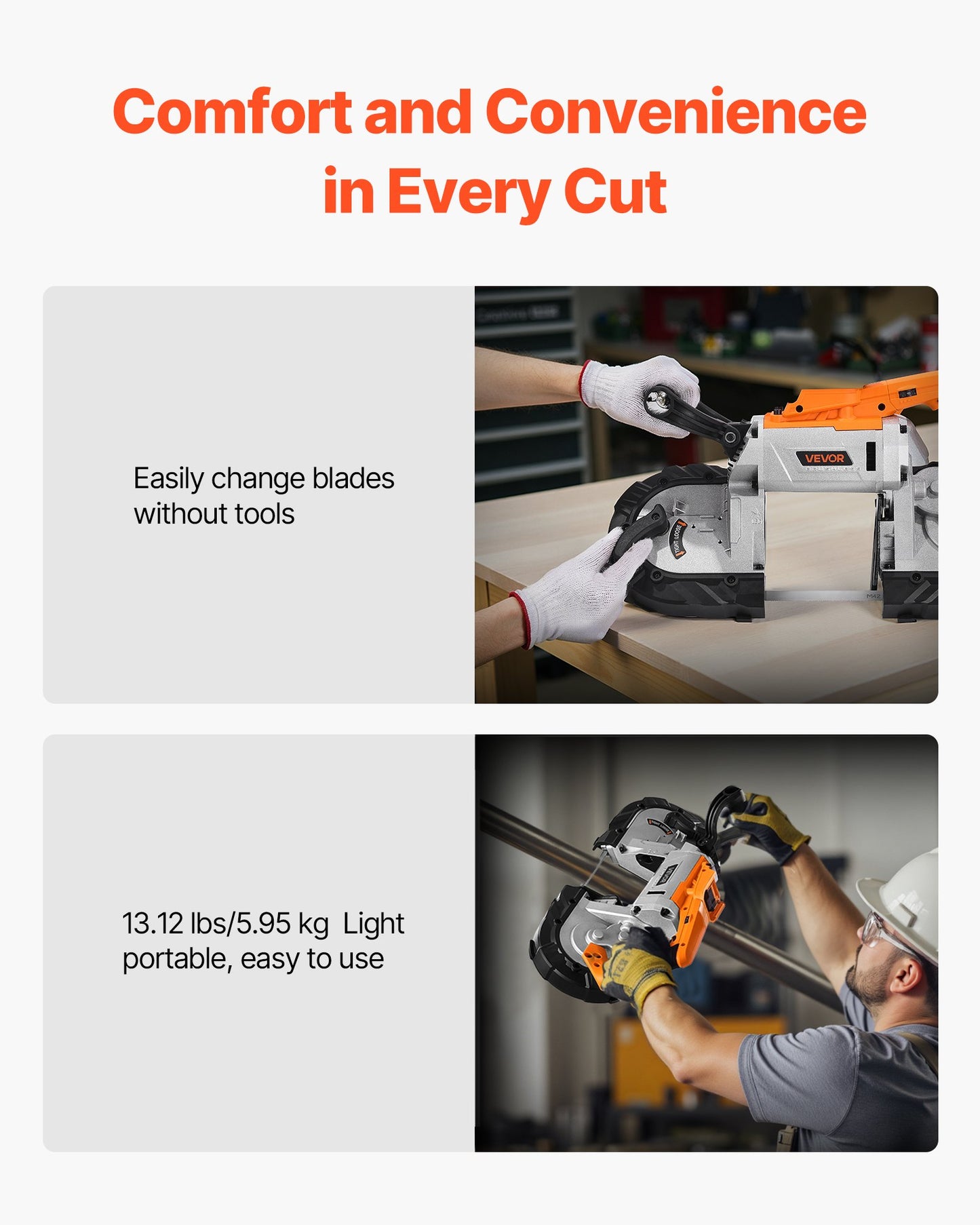 Bärbar bandsåg, 127 mm x 115 mm sågdjup, 360 W bandsåg med borstlös motor, sladdlös och kompakt bärbar bandsåg, upphängningskrokar, 0-120 m/min variabel hastighet för sågning av metall, trä (endast med bara verktyg)