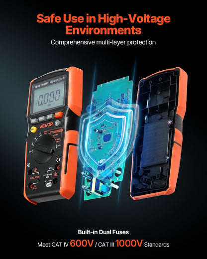 Digital multimeter, 4000-siffrig TRMS voltmeter ohmmeter, 1000V AC/DC spänningstestare med omkopplingsbart automatiskt/manuellt område för spänning, resistans och kontinuitetsmätning