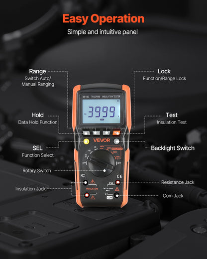 Digital multimeter, 4000-siffrig TRMS voltmeter ohmmeter, 1000V AC/DC spänningstestare med omkopplingsbart automatiskt/manuellt område för spänning, resistans och kontinuitetsmätning