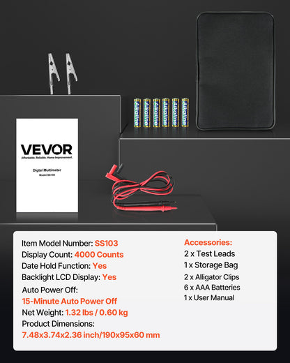 Digital multimeter, 4000-siffrig TRMS voltmeter ohmmeter, 1000V AC/DC spänningstestare med omkopplingsbart automatiskt/manuellt område för spänning, resistans och kontinuitetsmätning