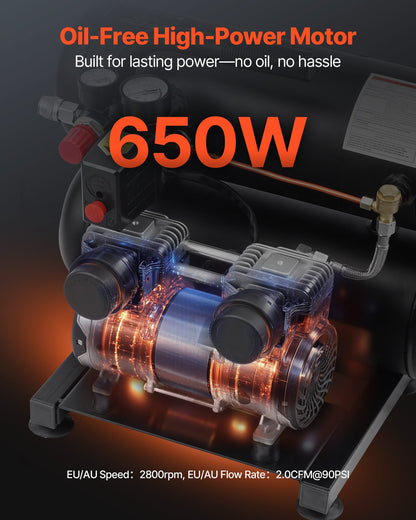 Luftkompressor, 4,6 gallon ståltank, 1 hk 2,0 CFM vid 90 PSI oljefri luftkompressor och max. 120 PSI tryck, 80 dB ultratyst bärbar kompressor, för bilreparationer, däckpåfyllning, sprutmålning
