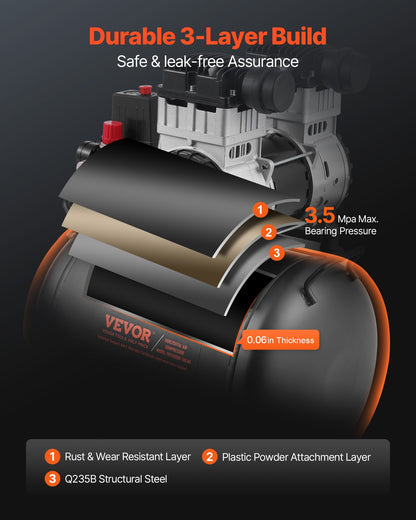 Luftkompressor, 10 gallon ståltank, 2 hk 5,3 CFM vid 90 PSI oljefri luftkompressor och max. 125 PSI tryck, 78 dB ultratyst bärbar kompressor, för bilreparationer, däckpåfyllning, sprutmålning