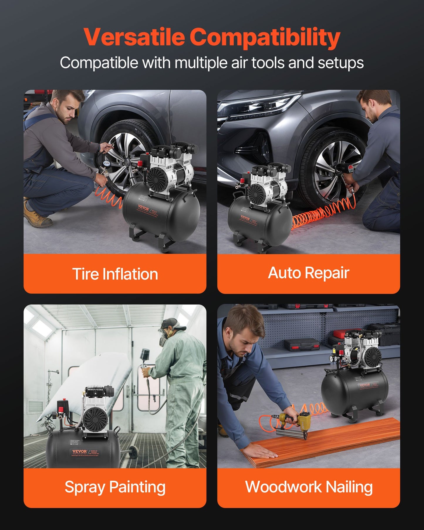 Luftkompressor, 10 gallon ståltank, 2 hk 5,3 CFM vid 90 PSI oljefri luftkompressor och max. 125 PSI tryck, 78 dB ultratyst bärbar kompressor, för bilreparationer, däckpåfyllning, sprutmålning