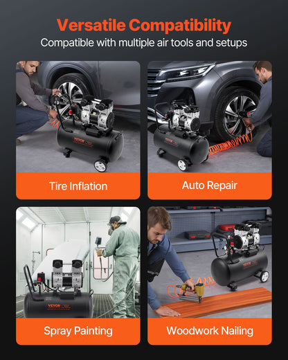 Luftkompressor, 15 gallon ståltank, 2 hk 5,3 CFM vid 90 PSI oljefri luftkompressor och max. 125 PSI tryck, 78 dB ultratyst bärbar kompressor, för bilreparationer, däckpåfyllning, sprutmålning