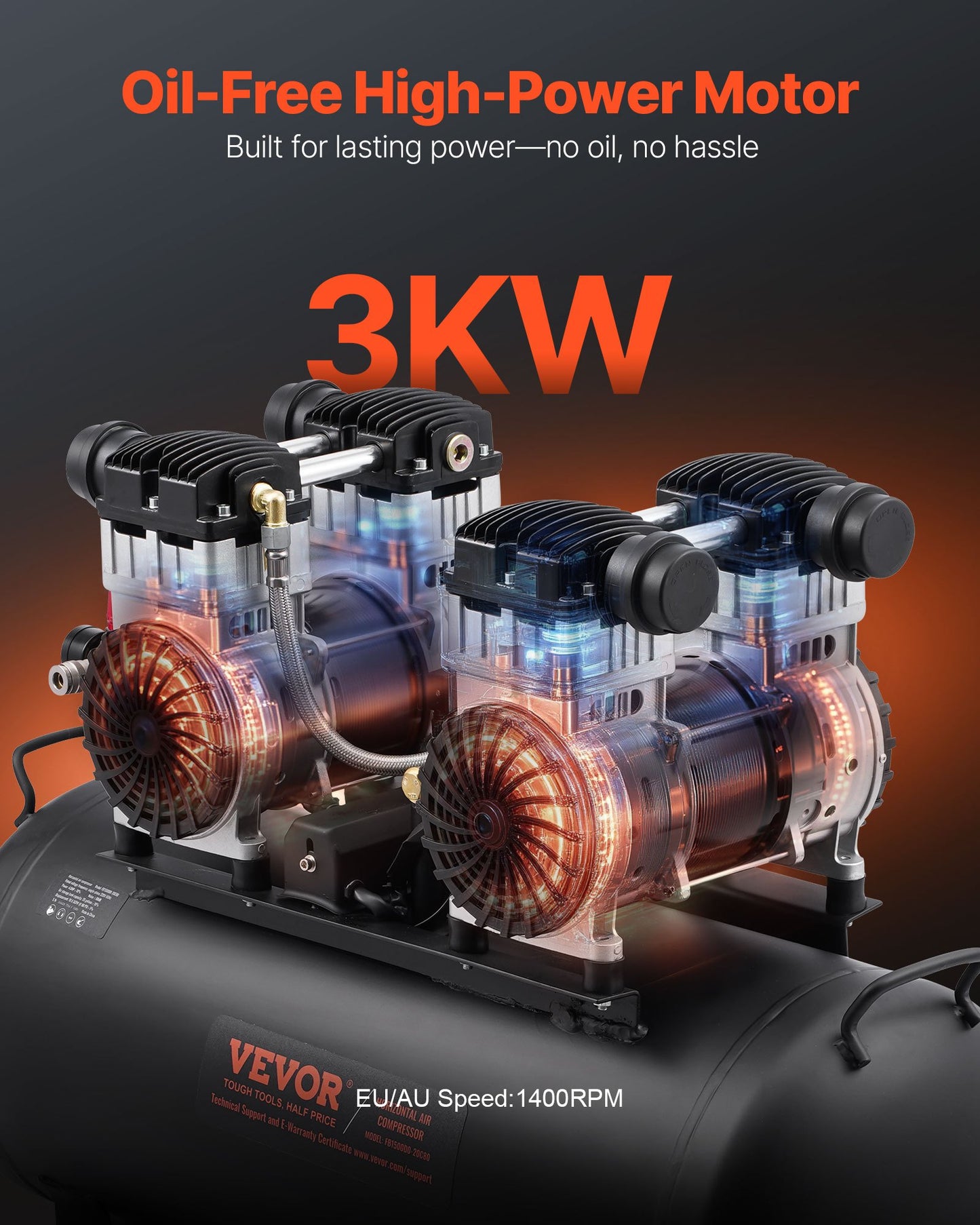 Luftkompressor, 70-liters ståltank, 4 hk 10,6 CFM vid 90 PSI oljefri luftkompressor och max. 125 PSI tryck, 78 dB ultratyst bärbar kompressor, för bilreparationer, däckpåfyllning, sprutmålning