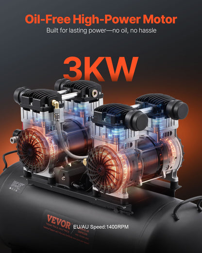 Luftkompressor, 70-liters ståltank, 4 hk 10,6 CFM vid 90 PSI oljefri luftkompressor och max. 125 PSI tryck, 78 dB ultratyst bärbar kompressor, för bilreparationer, däckpåfyllning, sprutmålning