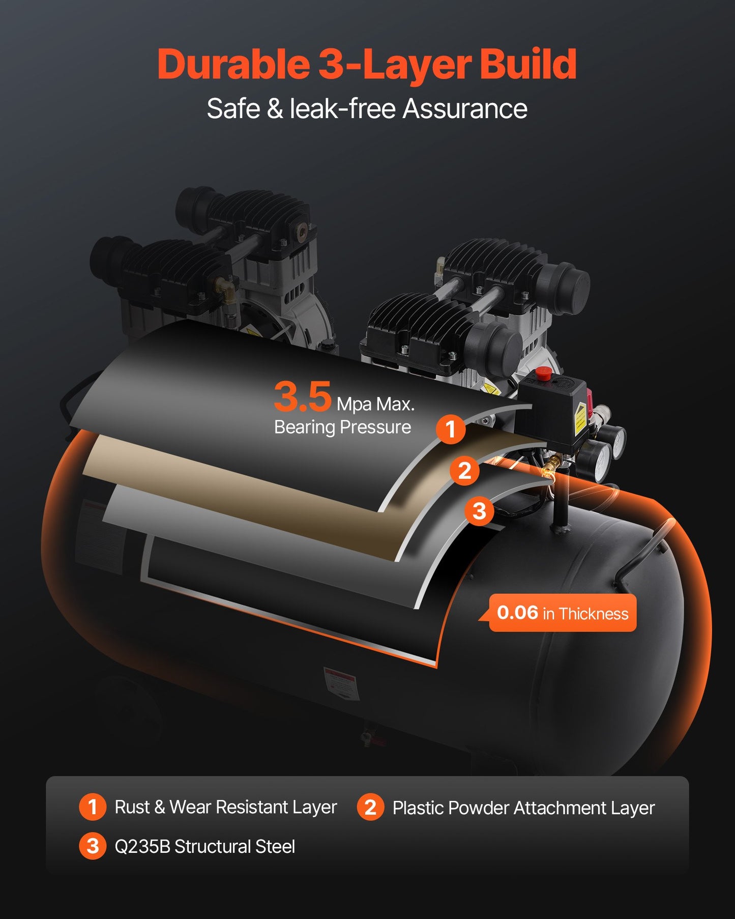 Luftkompressor, 70-liters ståltank, 4 hk 10,6 CFM vid 90 PSI oljefri luftkompressor och max. 125 PSI tryck, 78 dB ultratyst bärbar kompressor, för bilreparationer, däckpåfyllning, sprutmålning