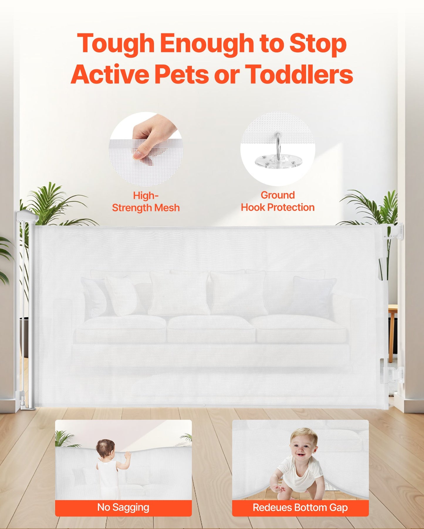 Infällbar babygrind, förlängs till 1850 mm bred, 795 mm hög, med säkerhetslås, enkel att använda, går igenom utan att snubbla, nätgrind för hundar i trappor, hallar, inomhus/utomhus, vit