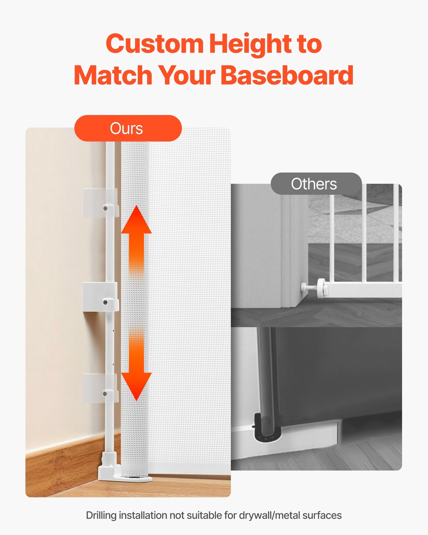 Infällbar babygrind, förlängs till 1850 mm bred, 795 mm hög, med säkerhetslås, enkel att använda, går igenom utan att snubbla, nätgrind för hundar i trappor, hallar, inomhus/utomhus, vit