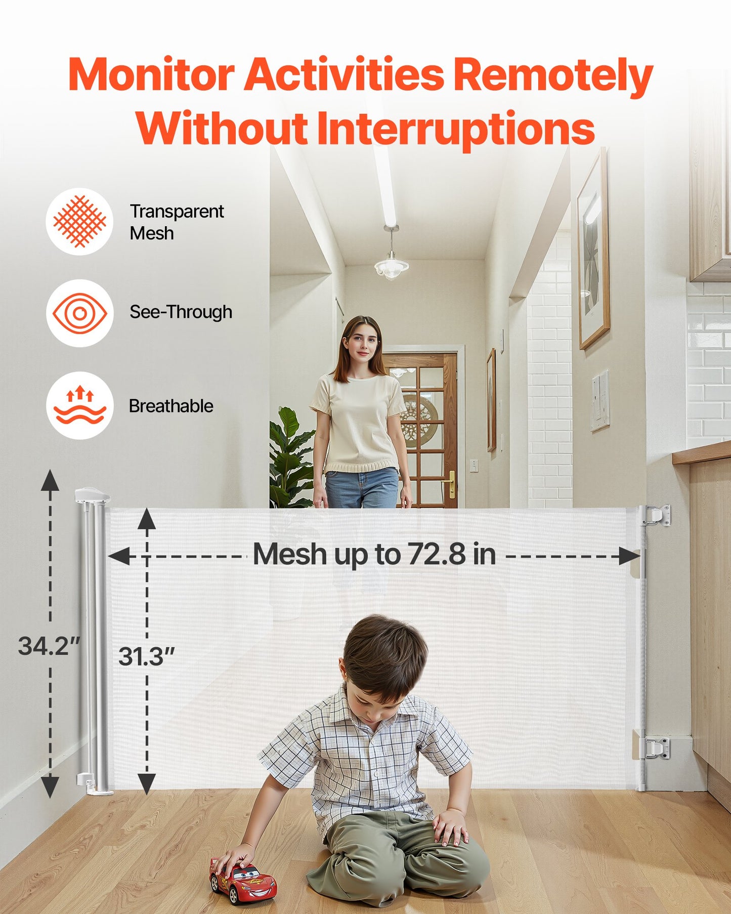 Infällbar babygrind, förlängs till 1850 mm bred, 795 mm hög, med säkerhetslås, enkel att använda, går igenom utan att snubbla, nätgrind för hundar i trappor, hallar, inomhus/utomhus, vit