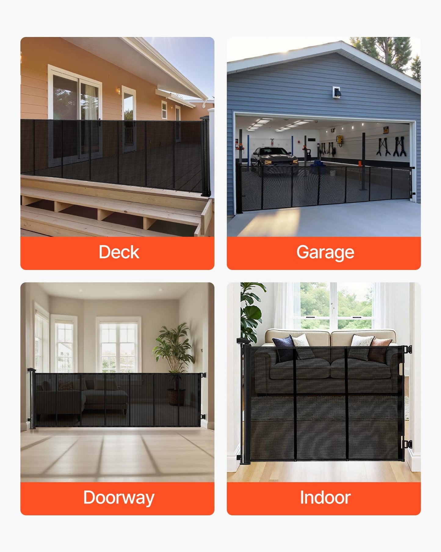 Infällbar hundgrind, förlängs till 3050 mm extra bred, 980 mm hög, med förstärkta glasfiberremsor, förhindrar att man kryper igenom, nätgrind för hundar i altaner, dörröppningar, garage, inomhus, svart