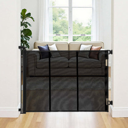 Infällbar hundgrind, förlängs till 3050 mm extra bred, 980 mm hög, med förstärkta glasfiberremsor, förhindrar att man kryper igenom, nätgrind för hundar i altaner, dörröppningar, garage, inomhus, svart