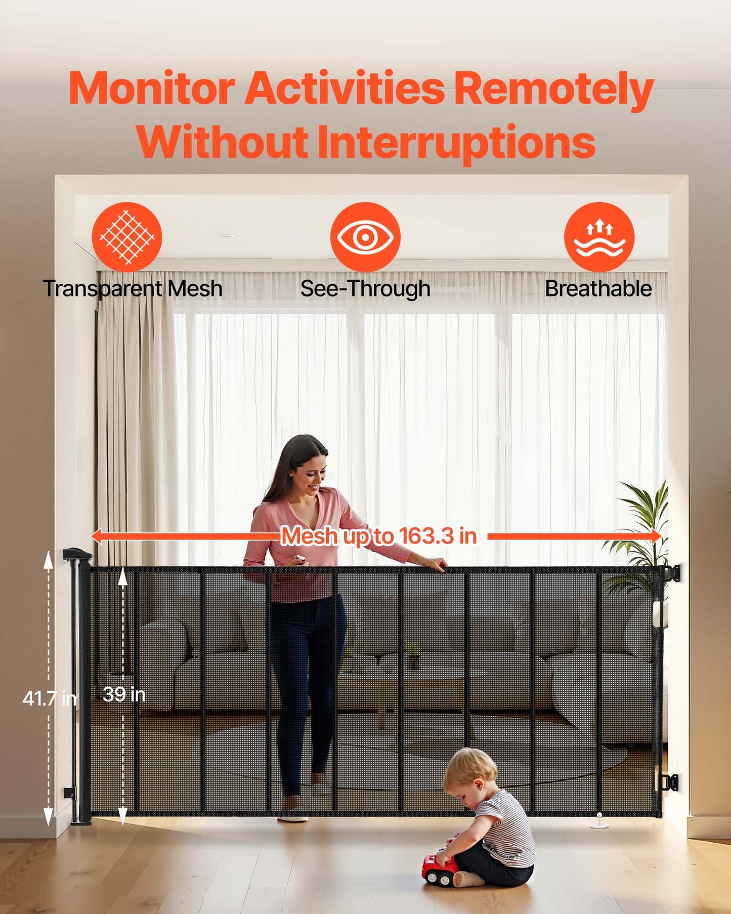 Infällbar hundgrind, förlängs till 4150 mm extra bred, 990 mm hög, med förstärkta glasfiberremsor, förhindrar att man kryper igenom, nätgrind för hundar i altaner, dörröppningar, garage, inomhus, svart