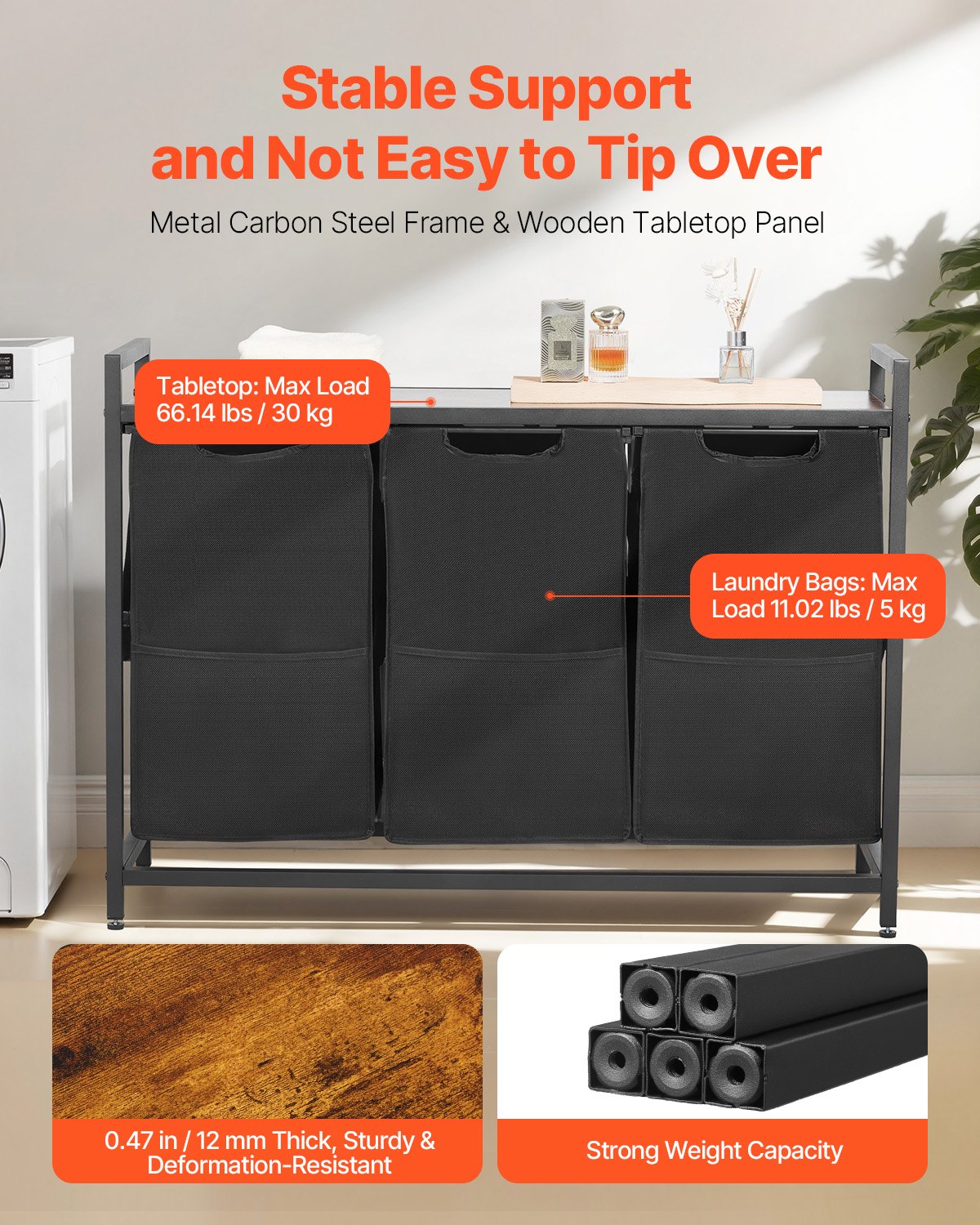 3-delad tvättkorg, stor tvättkorg med metallram och träbordsskiva, fristående förvaringskorgar med utdragbara 600D Oxford-tygpåsar för smutsiga kläder, badrum