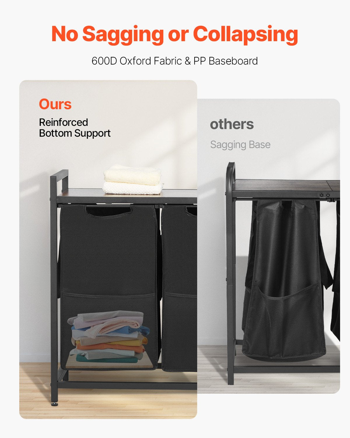 3-delad tvättkorg, stor tvättkorg med metallram och träbordsskiva, fristående förvaringskorgar med utdragbara 600D Oxford-tygpåsar för smutsiga kläder, badrum
