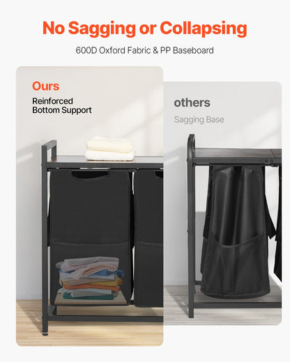 3-delad tvättkorg, stor tvättkorg med metallram och träbordsskiva, fristående förvaringskorgar med utdragbara 600D Oxford-tygpåsar för smutsiga kläder, badrum