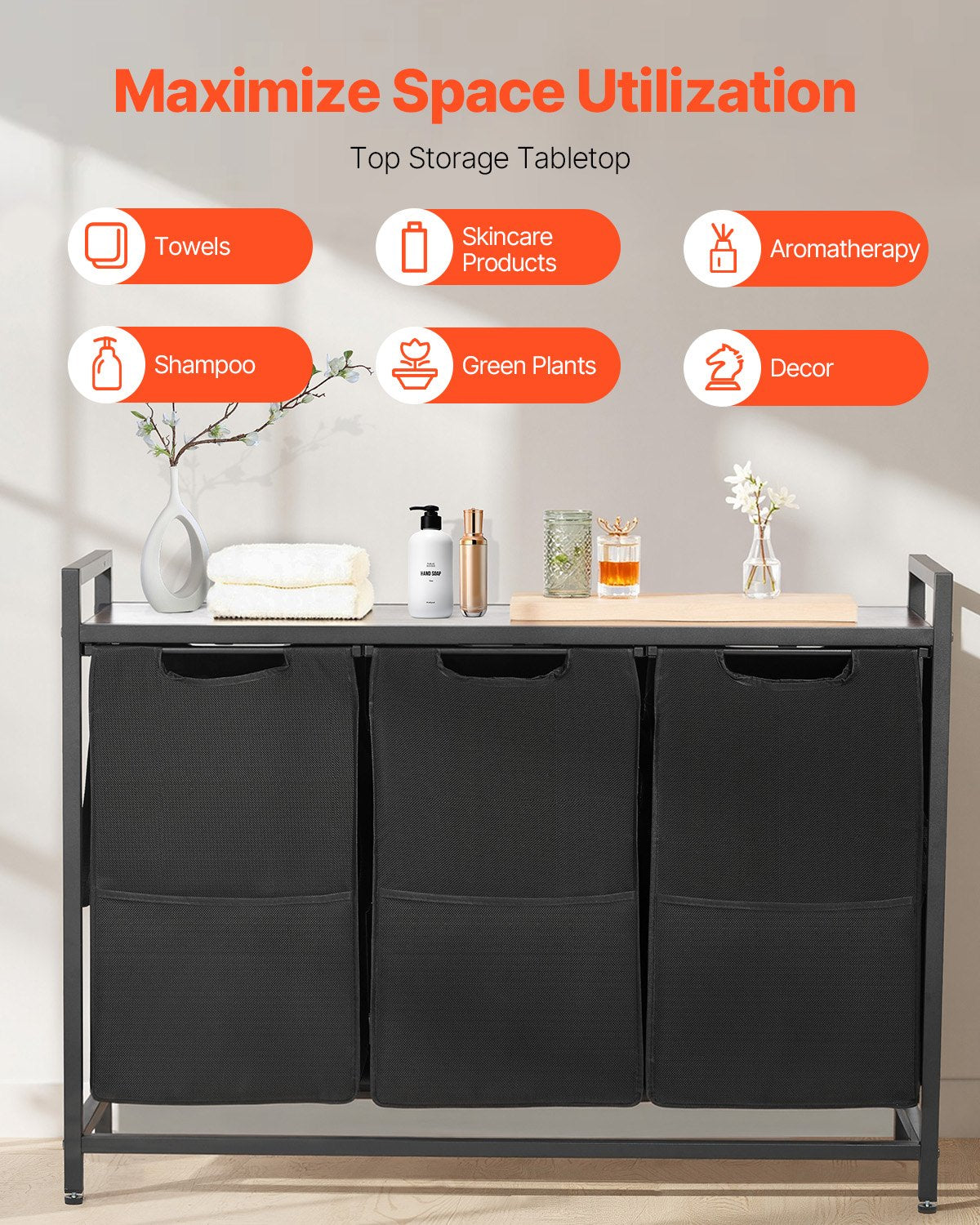 3-delad tvättkorg, stor tvättkorg med metallram och träbordsskiva, fristående förvaringskorgar med utdragbara 600D Oxford-tygpåsar för smutsiga kläder, badrum