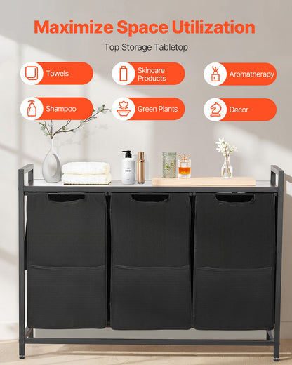 3-delad tvättkorg, stor tvättkorg med metallram och träbordsskiva, fristående förvaringskorgar med utdragbara 600D Oxford-tygpåsar för smutsiga kläder, badrum