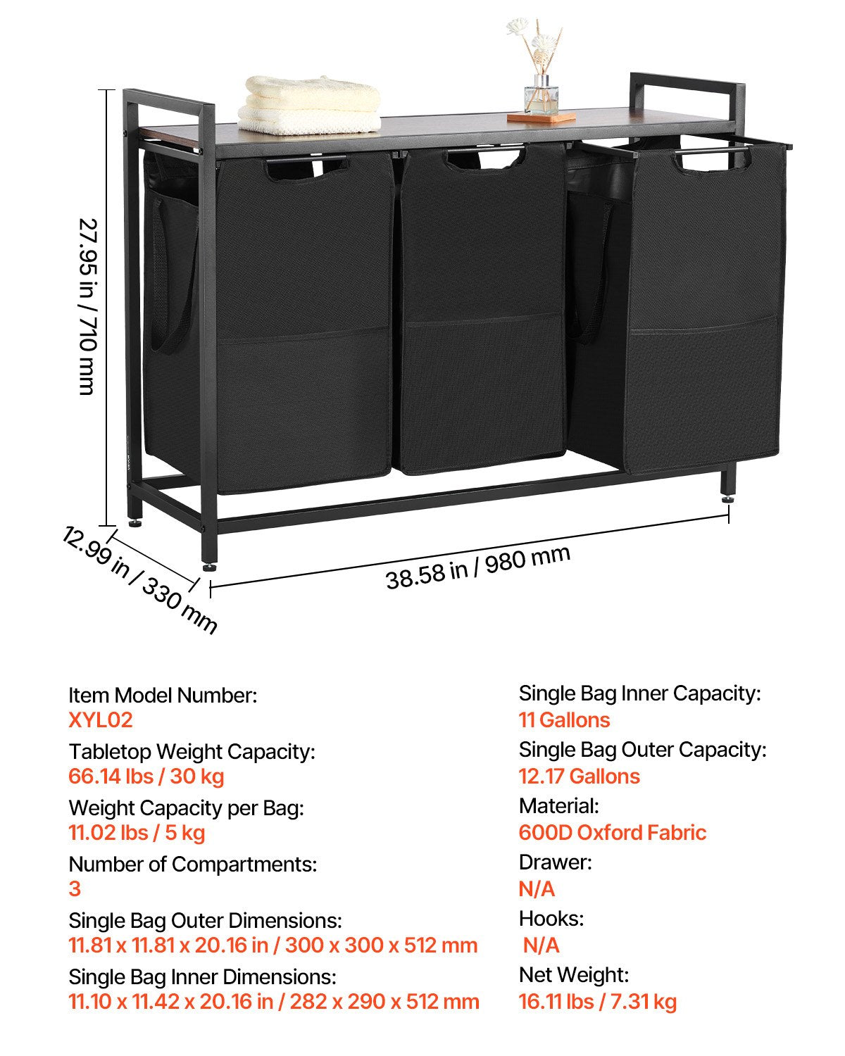 3-delad tvättkorg, stor tvättkorg med metallram och träbordsskiva, fristående förvaringskorgar med utdragbara 600D Oxford-tygpåsar för smutsiga kläder, badrum