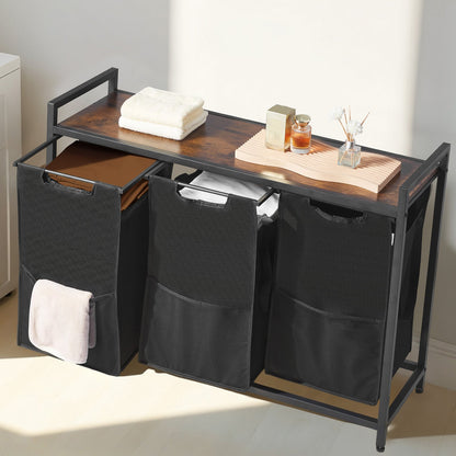 3-delad tvättkorg, stor tvättkorg med metallram och träbordsskiva, fristående förvaringskorgar med utdragbara 600D Oxford-tygpåsar för smutsiga kläder, badrum