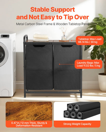 2-sektioners tvättkorg, stor tvättkorg med metallram och träbordsskiva, fristående förvaringskorgar med utdragbara 600D Oxford-tygpåsar för smutsiga kläder, badrum