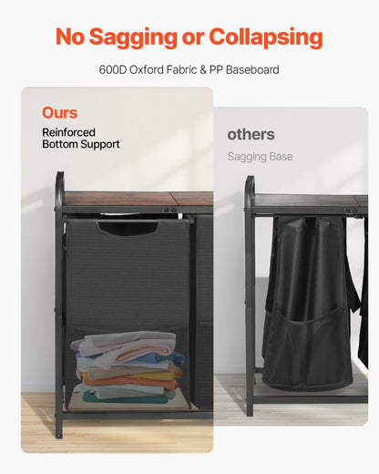 2-sektioners tvättkorg, stor tvättkorg med metallram och träbordsskiva, fristående förvaringskorgar med utdragbara 600D Oxford-tygpåsar för smutsiga kläder, badrum
