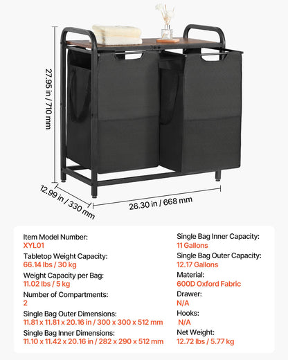 2-sektioners tvättkorg, stor tvättkorg med metallram och träbordsskiva, fristående förvaringskorgar med utdragbara 600D Oxford-tygpåsar för smutsiga kläder, badrum