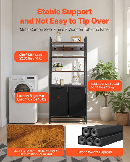 4-våningars tvättkorg, hög tvättkorg med hyllor och krokar, 2-sektioners fristående korgorganisatör för förvaring med 600D Oxford-tygpåsar och steghyllor för smutsiga kläder, badrum