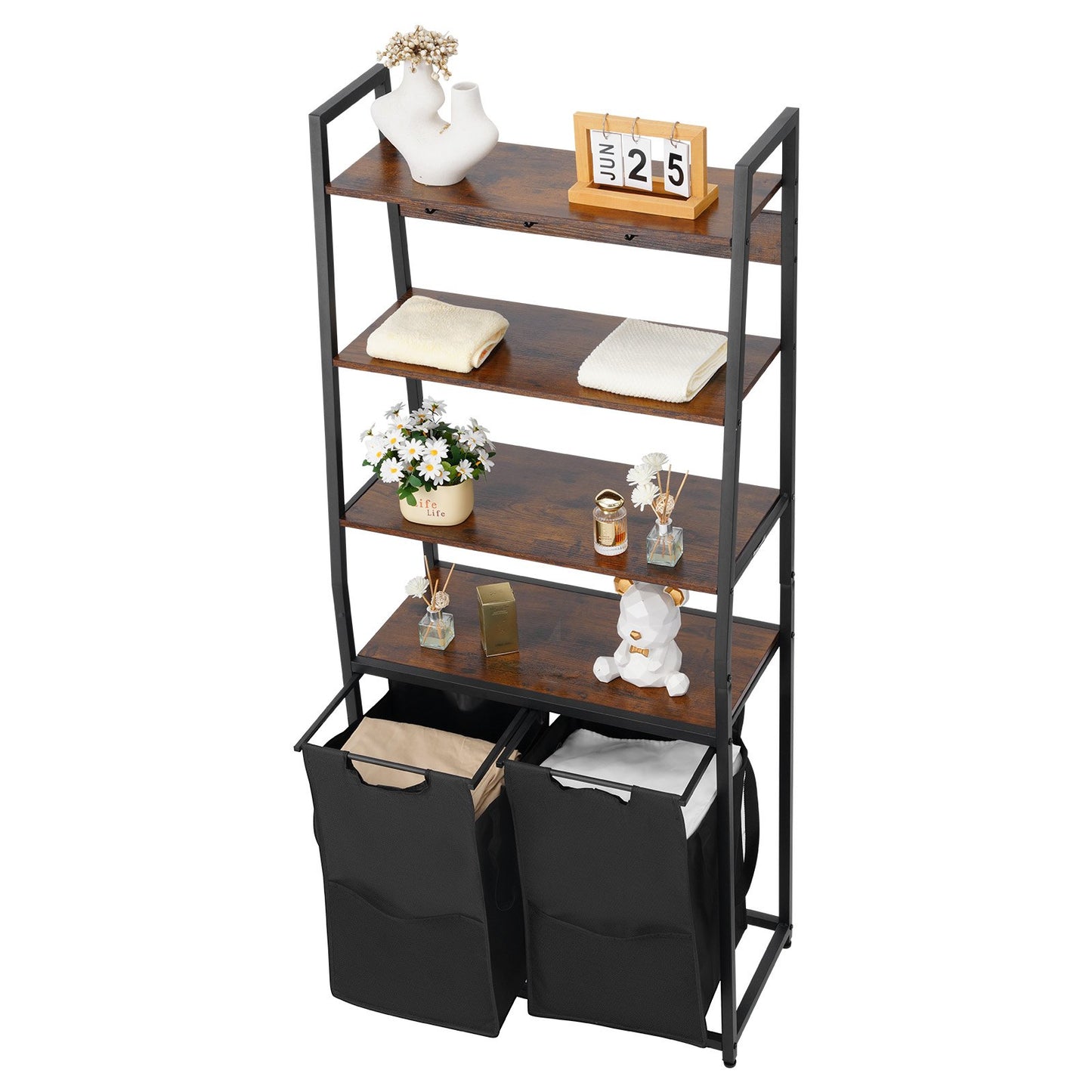 4-våningars tvättkorg, hög tvättkorg med hyllor och krokar, 2-sektioners fristående korgorganisatör för förvaring med 600D Oxford-tygpåsar och steghyllor för smutsiga kläder, badrum