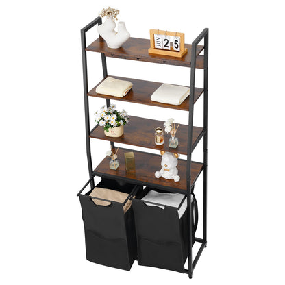 4-våningars tvättkorg, hög tvättkorg med hyllor och krokar, 2-sektioners fristående korgorganisatör för förvaring med 600D Oxford-tygpåsar och steghyllor för smutsiga kläder, badrum