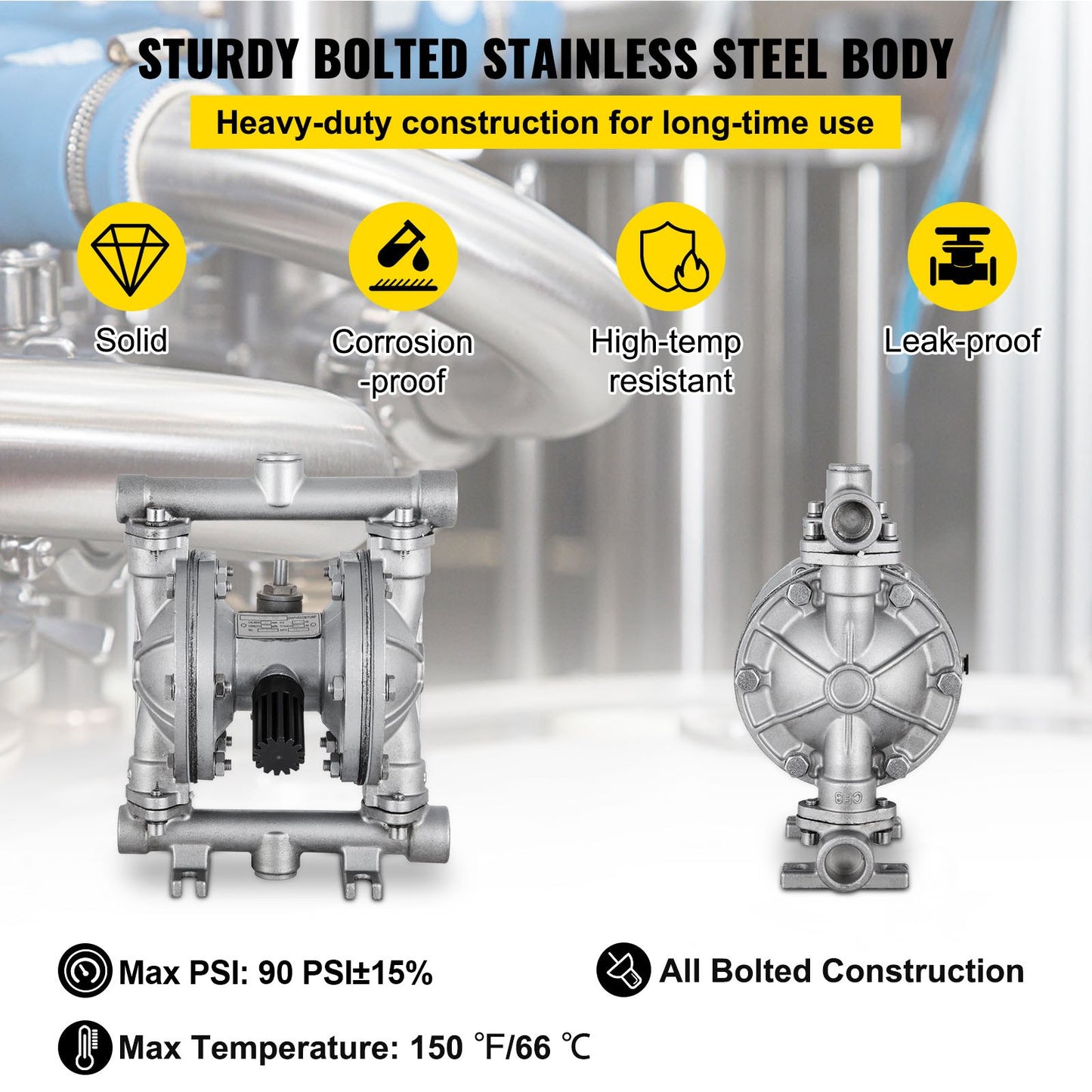 Luftdriven dubbelmembranpump, inlopp och utlopp, hus i rostfritt stål, 11,36 l/min, pneumatisk PTFE-membranöverföringspump för petroleum, diesel, olja och lågviskösa vätskor