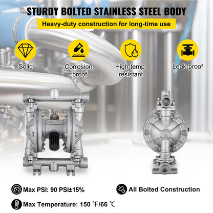 Luftdriven dubbelmembranpump, inlopp och utlopp, hus i rostfritt stål, 11,36 l/min, pneumatisk PTFE-membranöverföringspump för petroleum, diesel, olja och lågviskösa vätskor