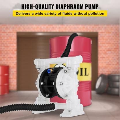 Luftdriven dubbelmembranpump 7GPM 100PSI Polypropylenmembranvattenpump med 1,3 cm inlopps- och utloppsportar Luftpumpmembran 6900,7 cm maxtryck Luftdriven membranpump med tätad kulventil