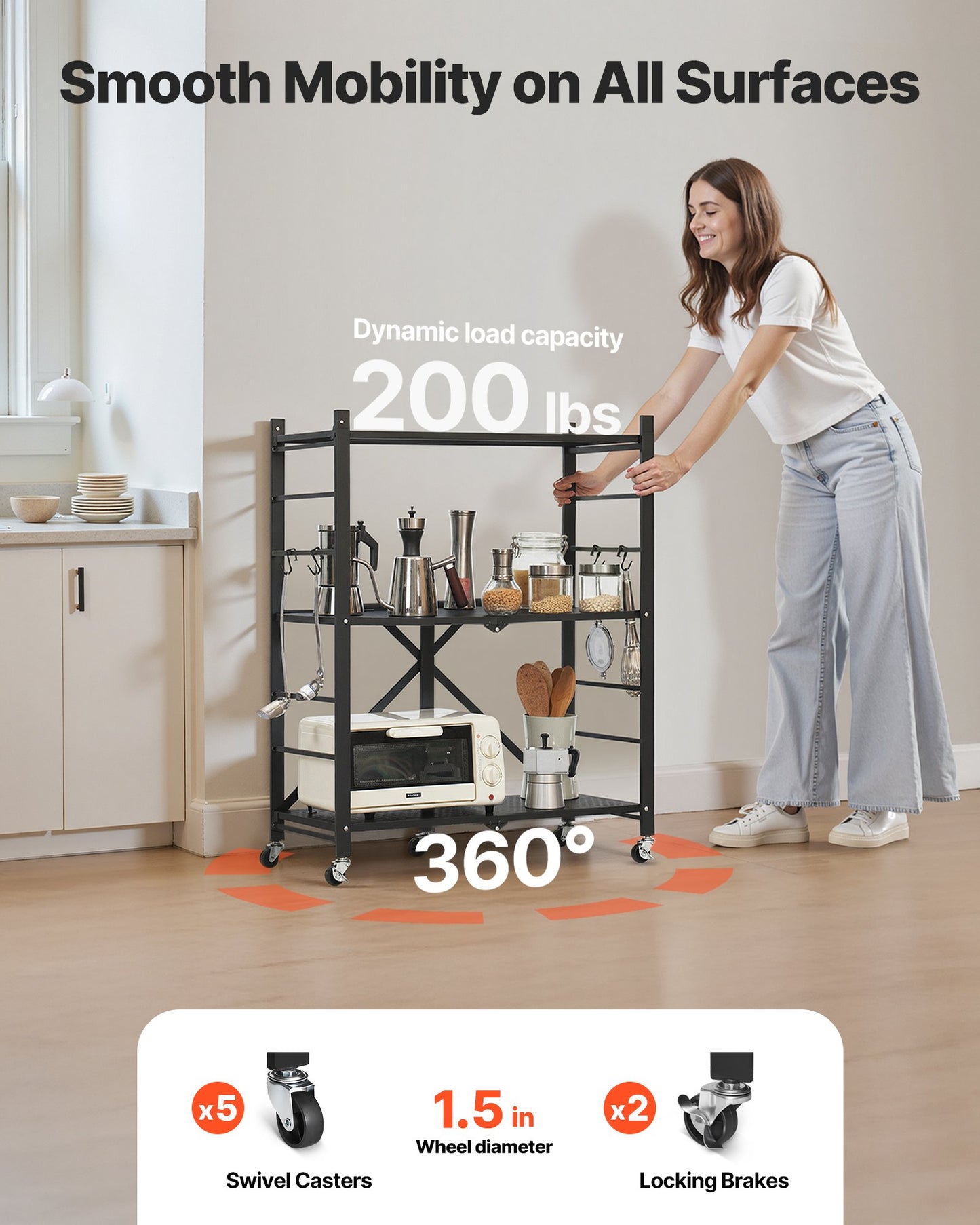 Hopfällbar förvaringshylla i 3 våningar, 30B x 13D x 36H tum, hopfällbar metallhylla, organiseringshylla utan montering med 5 hjul och 4 krokar för skafferi, kök, garage, källare, svart