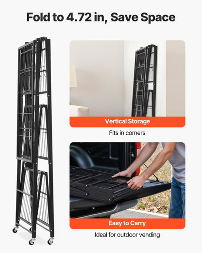 Hopfällbar förvaringshylla med 4 våningar, 36B x 21D x 60H tum, hopfällbar metallhylla, organiseringshylla utan montering med 5 hjul och 4 krokar för skafferi, kök, garage, källare, svart