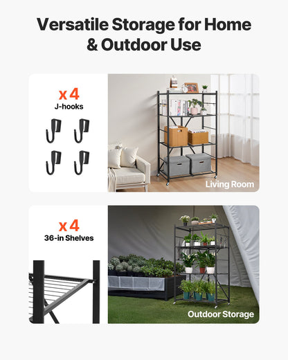 Hopfällbar förvaringshylla med 4 våningar, 36B x 21D x 60H tum, hopfällbar metallhylla, organiseringshylla utan montering med 5 hjul och 4 krokar för skafferi, kök, garage, källare, svart