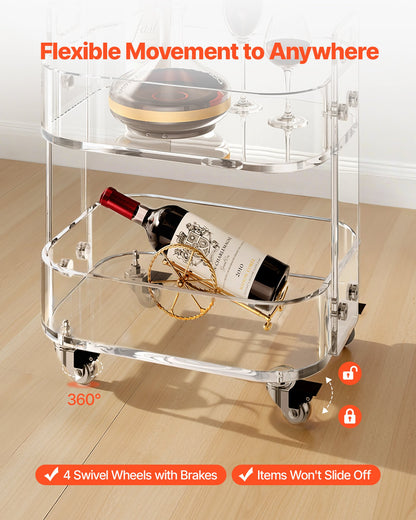 Akrylbord med hjul, mobilt vagnsbord med 2 nivåer, modernt rullande förvaringsskrivbord i akryl, genomskinligt nattduksbord, för vardagsrum, sovrum, bar, kontor, 30,5 x 41,6 x 48 cm (genomskinlig)